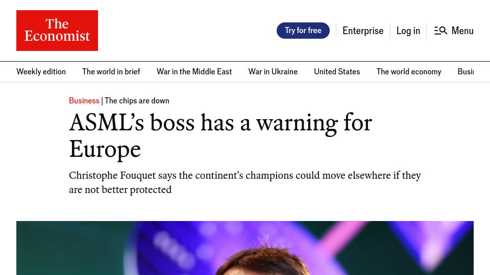 Screenshot of economist.com: ASML's boss has a warning for Europe