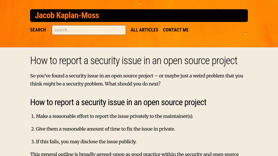 Screenshot of jacobian.org: How to report a security issue in an open source project