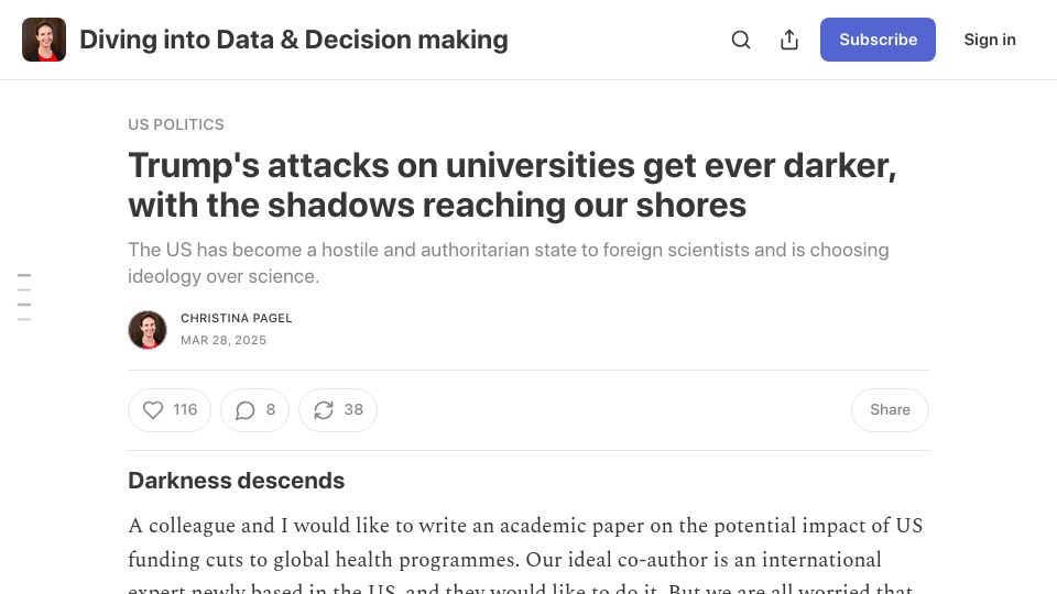 Screenshot of christinapagel.substack.com: Trump's attacks on universities get darker, with shadows reaching our shores