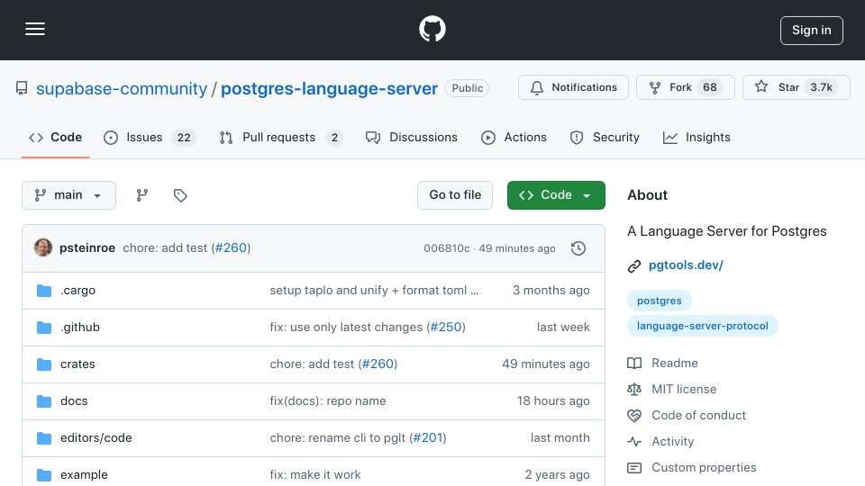 Screenshot of github.com: Postgres Language Server: Initial Release