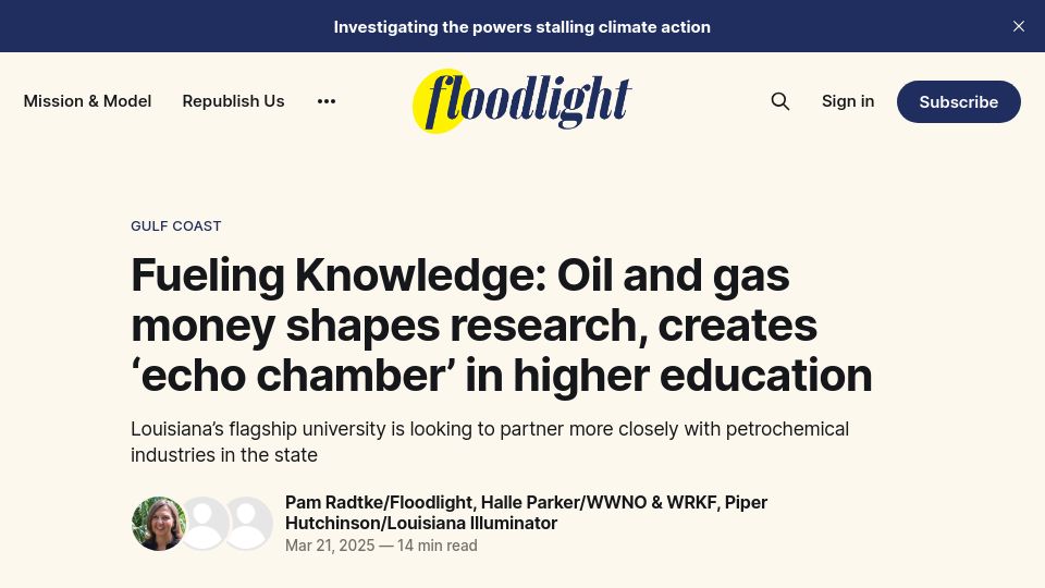 Screenshot of floodlightnews.org: Oil and gas money shapes research, creates 'echo chamber' in higher education
