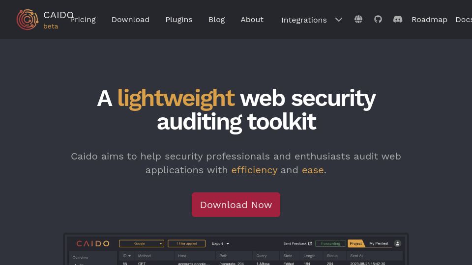 Screenshot of caido.io: Caido – A lightweight web security auditing toolkit