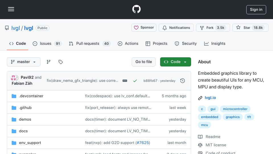 Screenshot of github.com: Lvgl: Embedded graphics library to create beautiful UIs