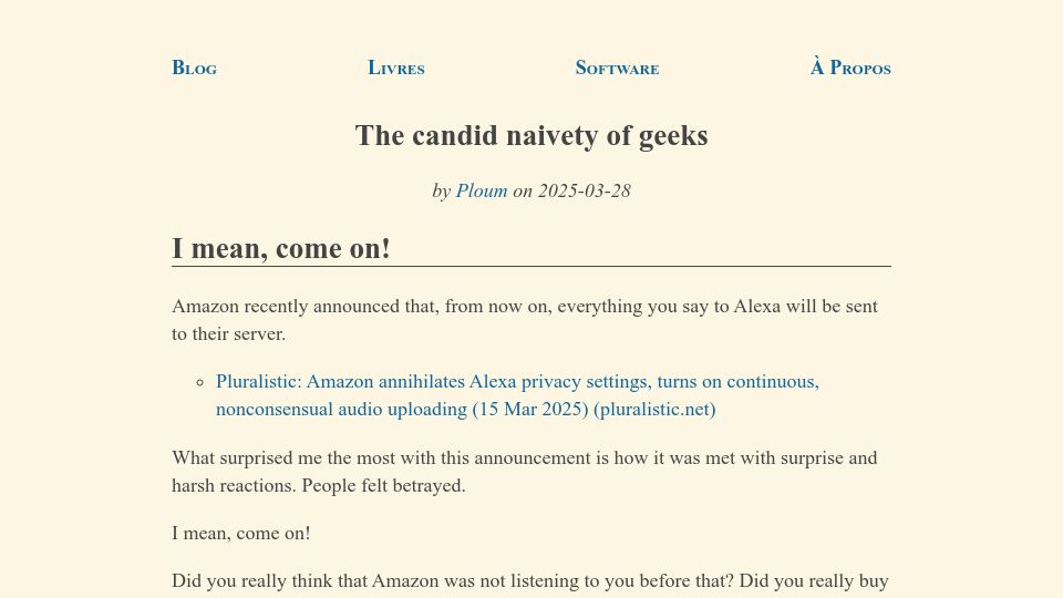 Screenshot of ploum.net: The Candid Naivety of Geeks
