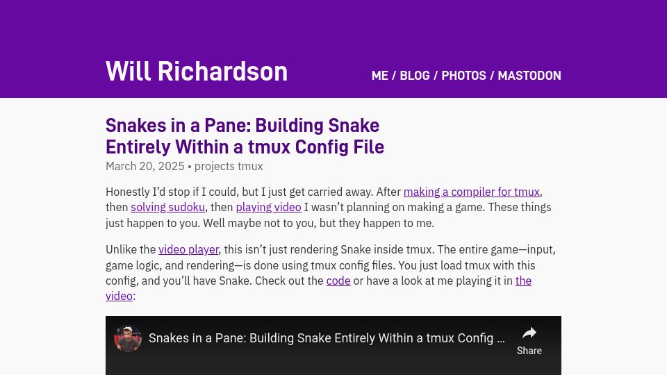 Screenshot of willhbr.net: Show HN: I implemented Snake in a tmux config file