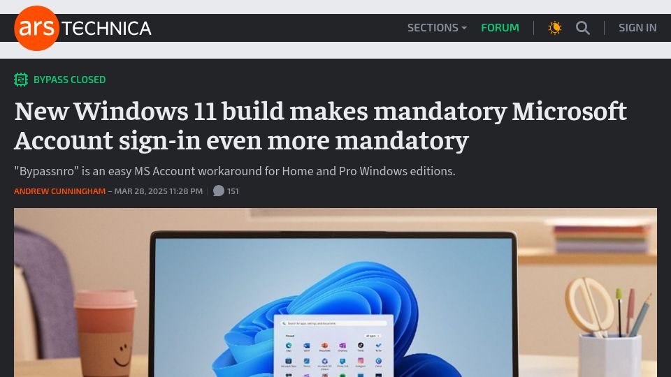 Screenshot of arstechnica.com: New Windows 11 build makes mandatory Microsoft sign-in even more mandatory