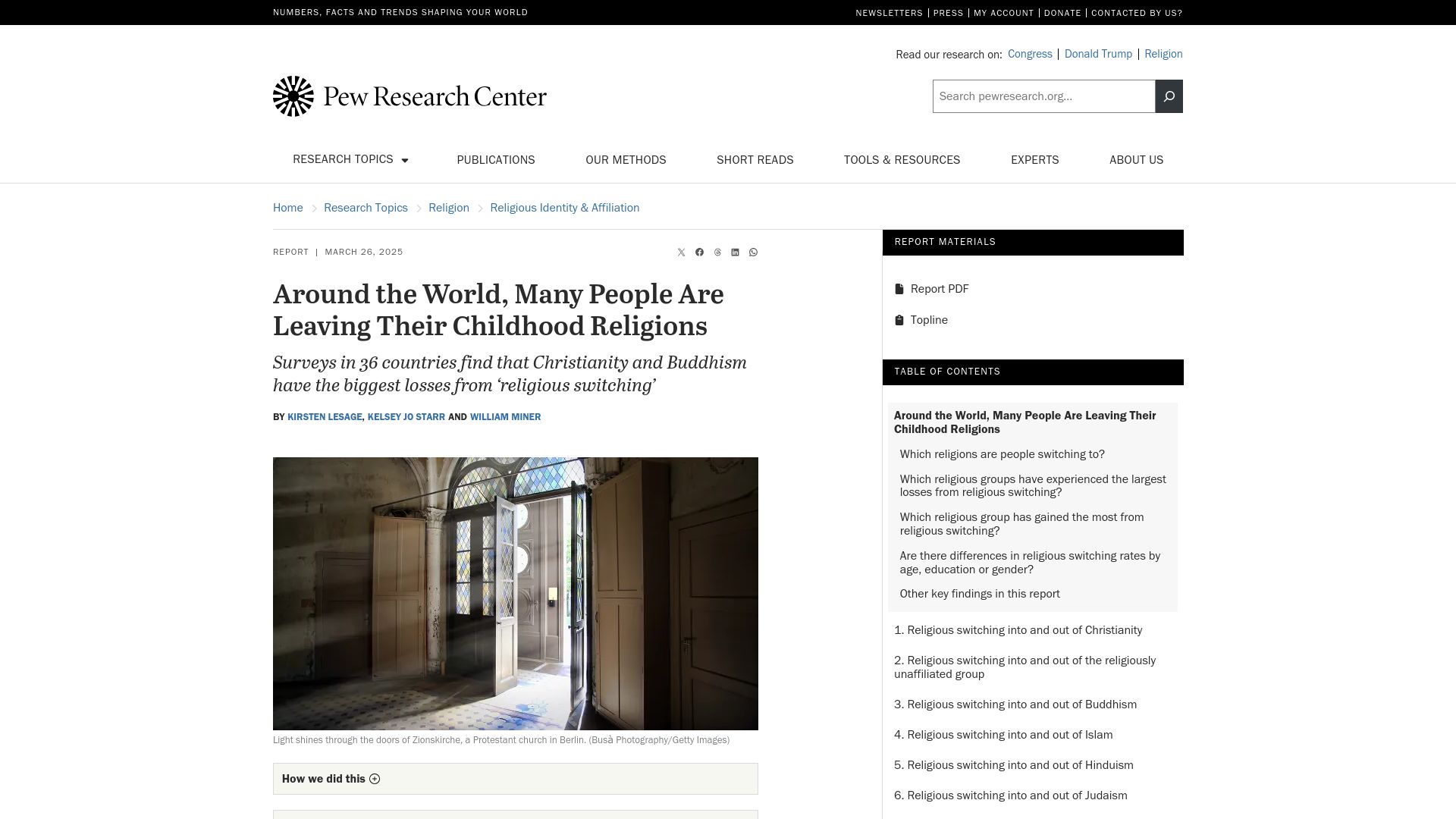 Screenshot of pewresearch.org: Around the World, Many People Are Leaving Their Childhood Religions