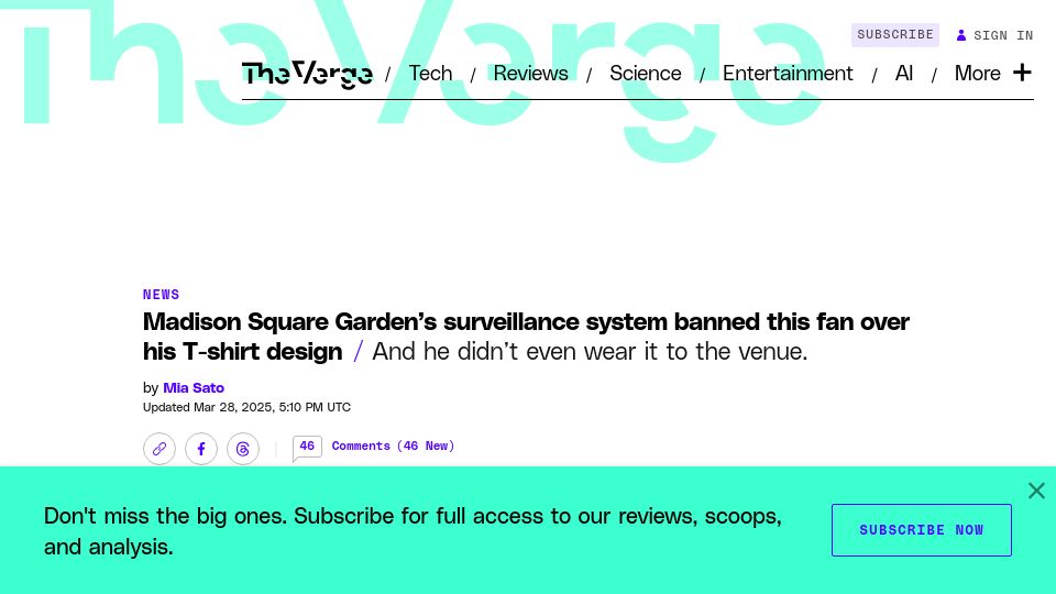 Screenshot of theverge.com: Madison Square Garden's surveillance banned this fan over his T-shirt design