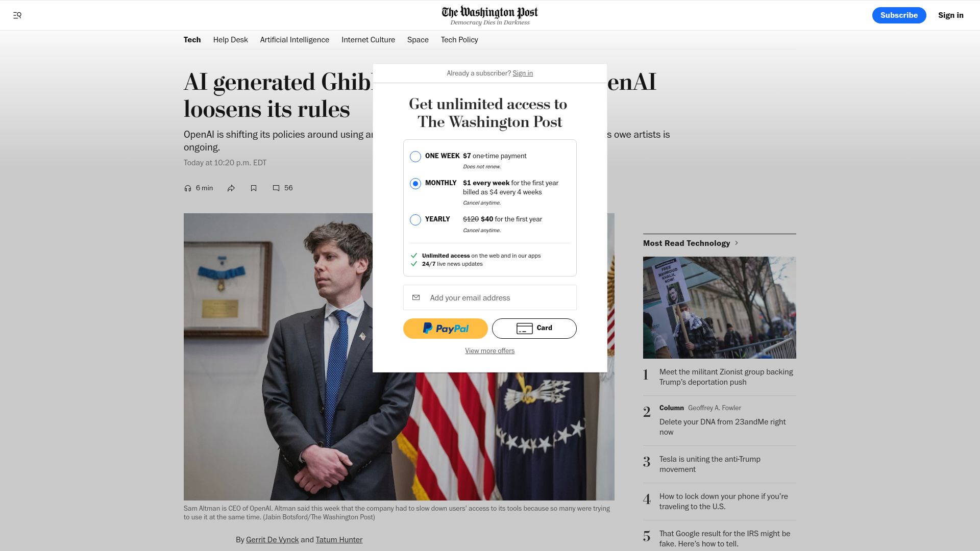 Screenshot of washingtonpost.com: AI generated Ghibli images go viral as OpenAI loosens its rules