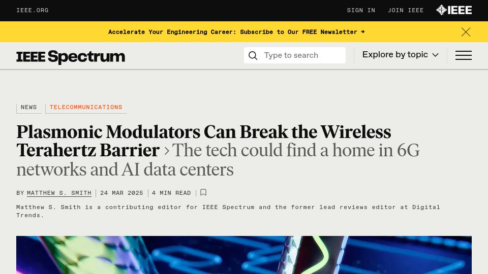Screenshot of spectrum.ieee.org: Plasmonic Modulators Can Break the Wireless Terahertz Barrier