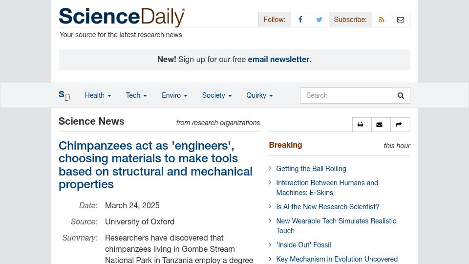 Screenshot of sciencedaily.com: Chimpanzees act as 'engineers', choosing materials to make tools