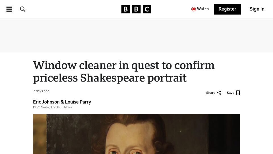 Screenshot of bbc.com: Window cleaner in quest to confirm priceless Shakespeare portrait
