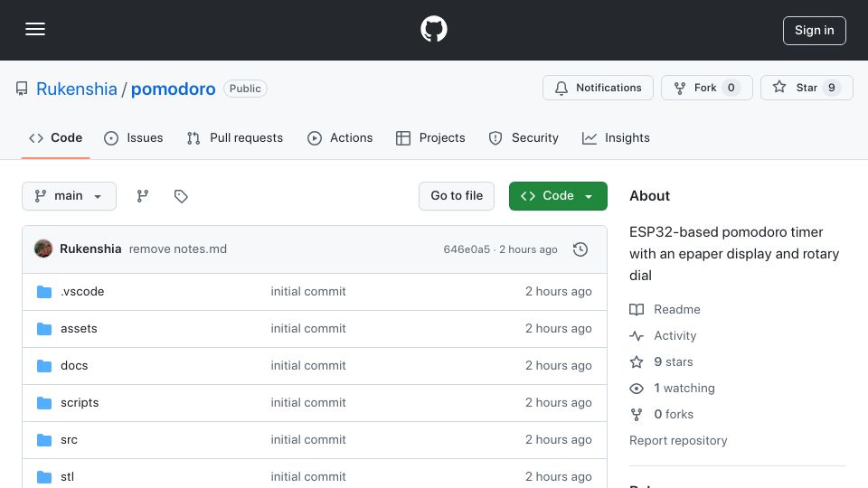 Screenshot of github.com: Show HN: Physical Pomodoro Timer with ESP32 and e-paper screen