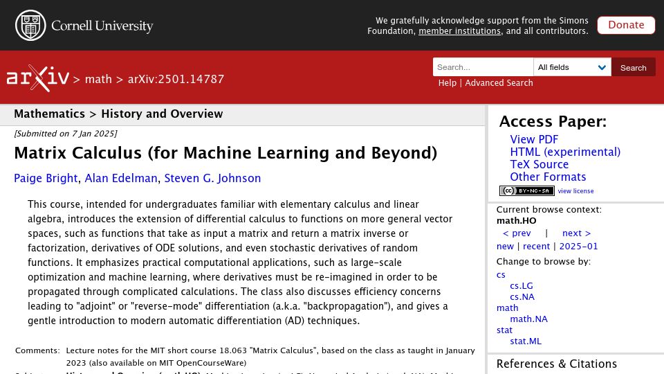 Screenshot of arxiv.org: Matrix Calculus (For Machine Learning and Beyond)