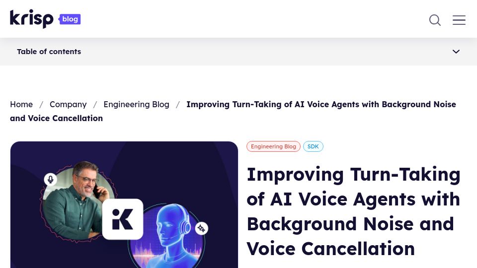 Screenshot of krisp.ai: Noise cancellation improves turn-taking for AI Voice Agents