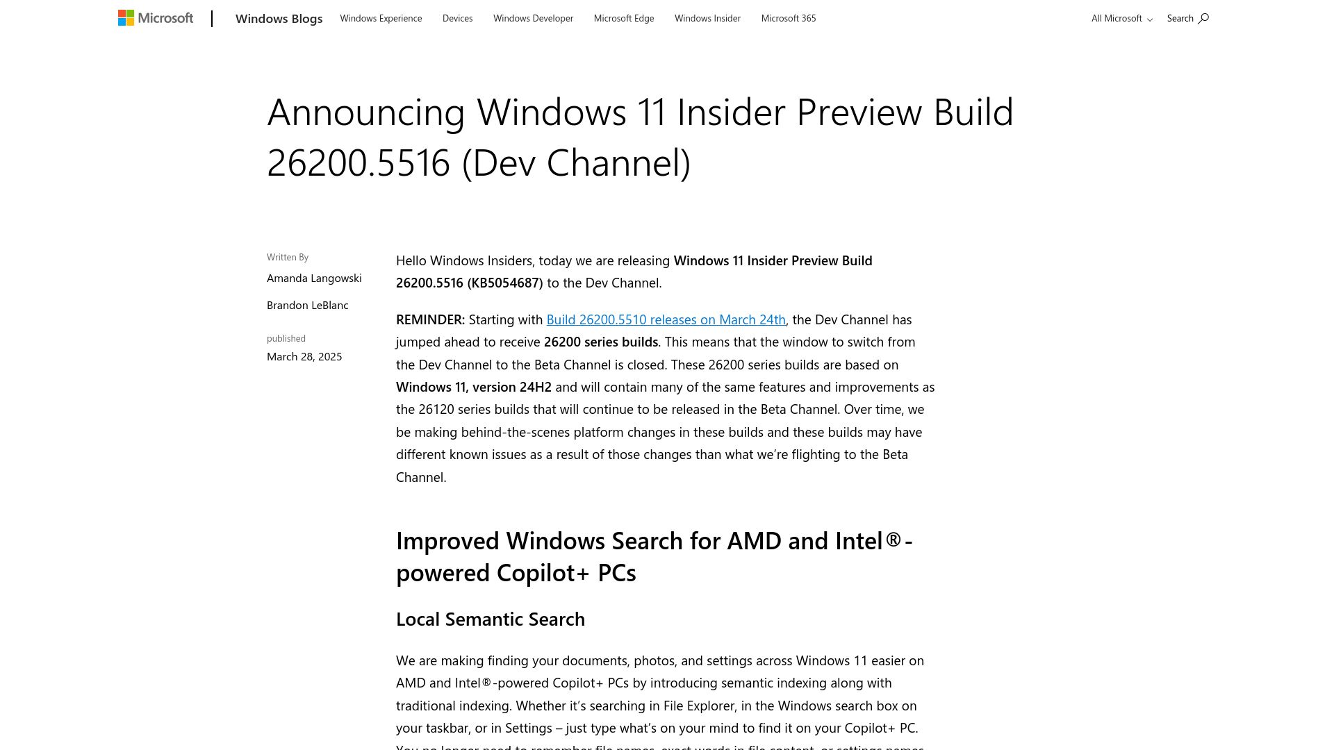 Screenshot of blogs.windows.com: Windows 11: Removing bypassnro Script to Enhance Security and User Experience