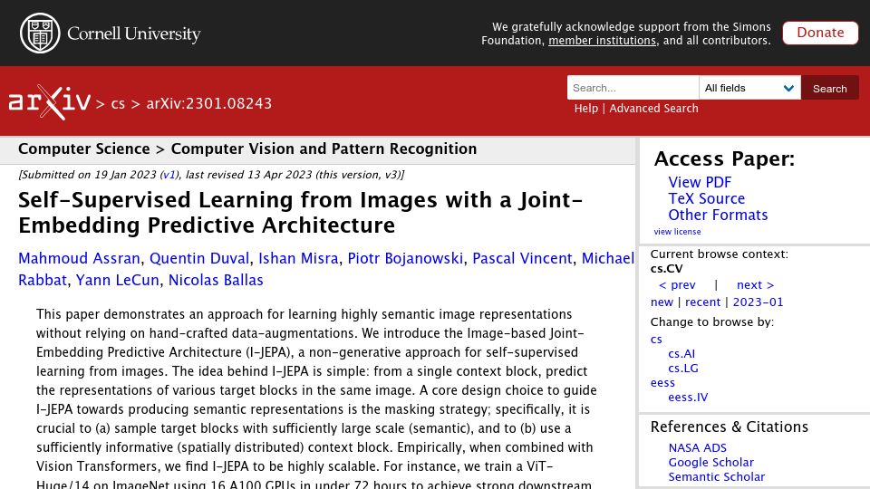 Screenshot of arxiv.org: Self-Supervised Learning from Images with JEPA (2023)