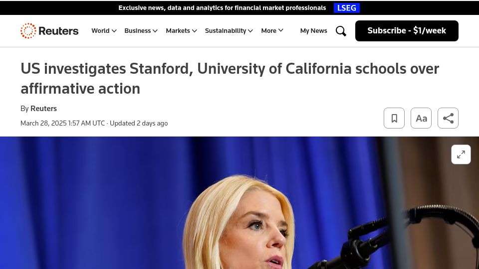 Screenshot of reuters.com: US investigates Stanford, UC schools over affirmative action