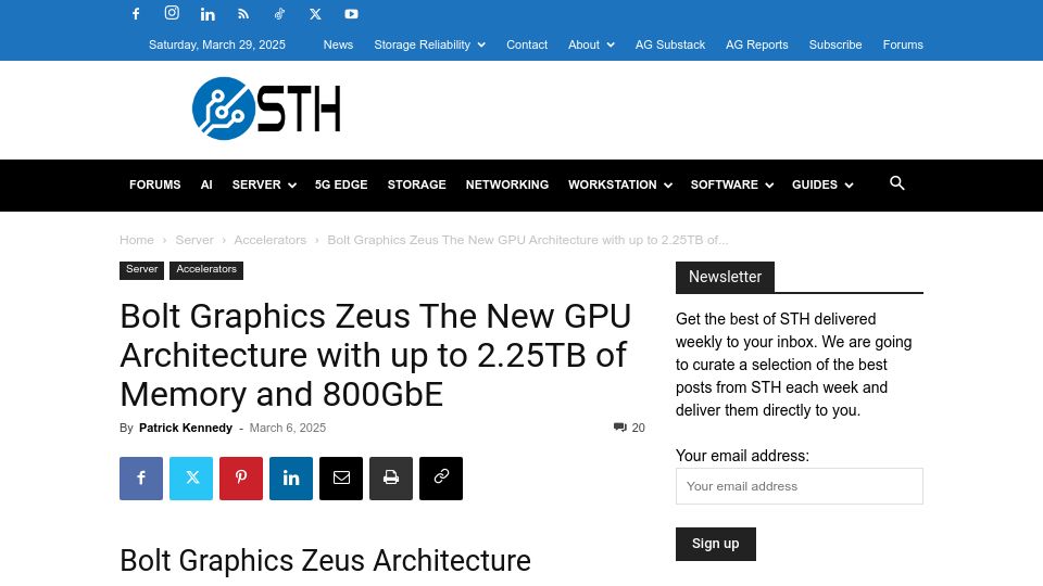 Screenshot of servethehome.com: Bolt Graphics Zeus a New GPU Architecture with Up to 2.25TB of Memory and 800GbE