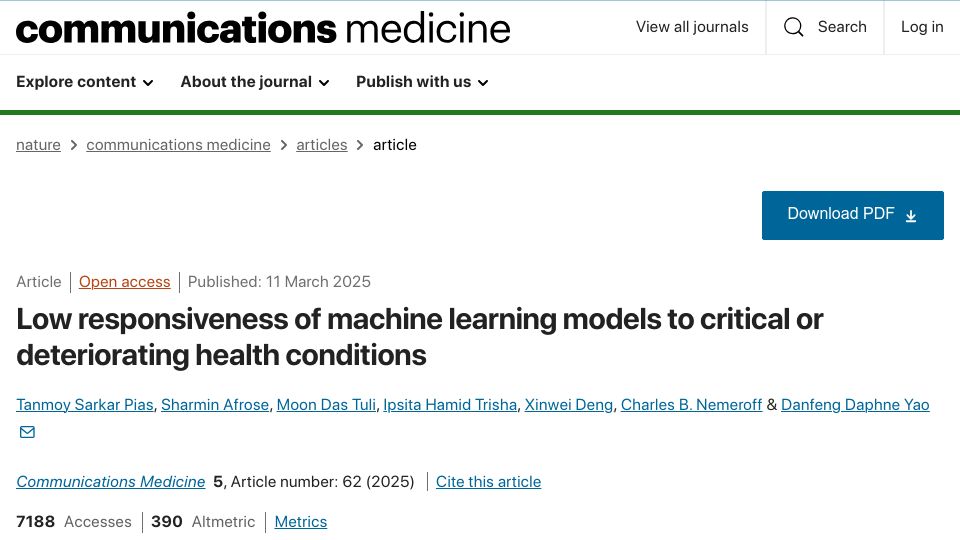Screenshot of nature.com: Low responsiveness of ML models to critical or deteriorating health conditions