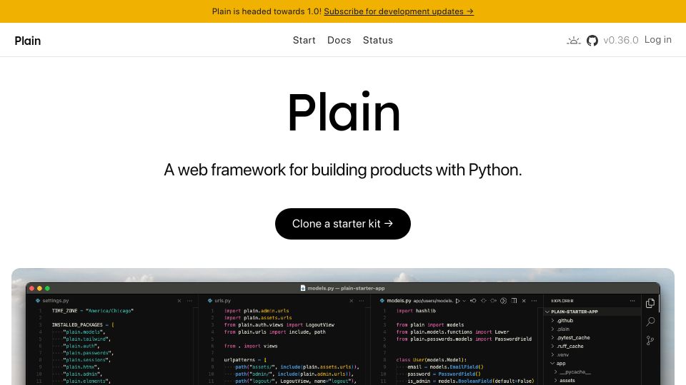 Screenshot of plainframework.com: Plain – a web framework for building products with Python