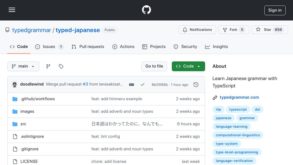 Screenshot of github.com: Typed Japanese