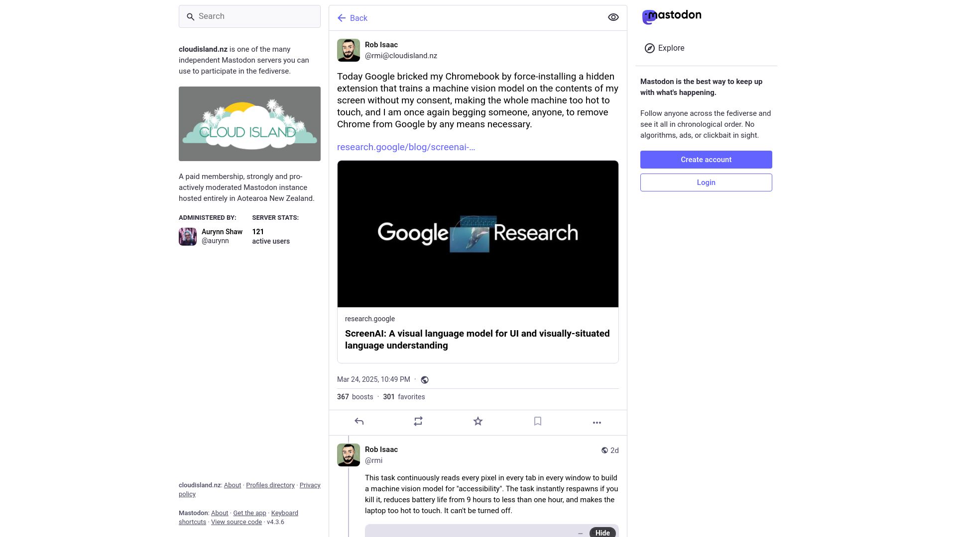 Screenshot of cloudisland.nz: Today Google bricked my Chromebook by force-installing a hidden extension