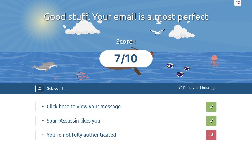 Screenshot of mail-tester.com: iCloud Mail has DNS misconfigured?