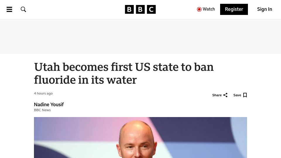 Screenshot of bbc.com: Utah becomes first US state to ban fluoride in its water