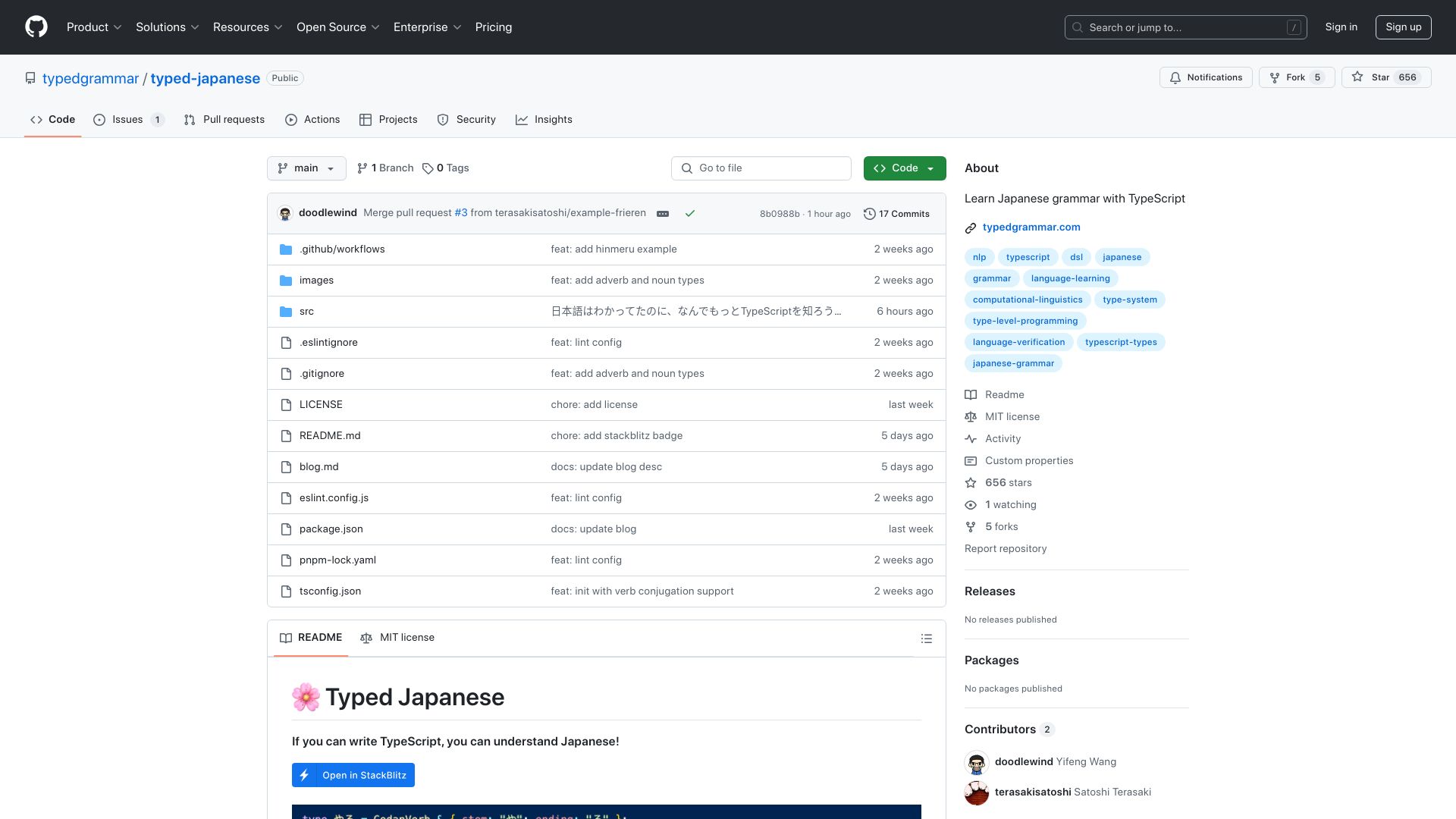 Screenshot of github.com: Typed Japanese