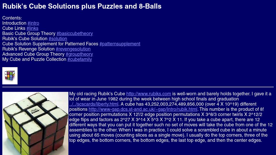 Screenshot of williambader.com: Rubik's Cube Solutions, Puzzles, and 8-Balls (2023)