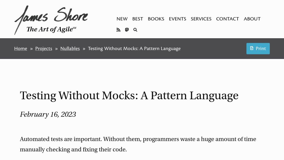 Screenshot of jamesshore.com: Testing Without Mocks: A Pattern Language (2023)