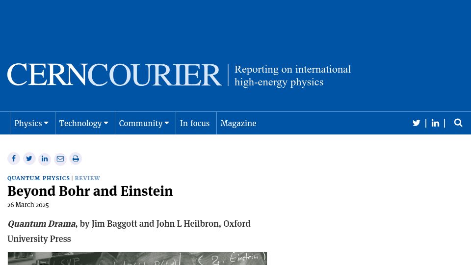 Screenshot of cerncourier.com: Beyond Bohr and Einstein