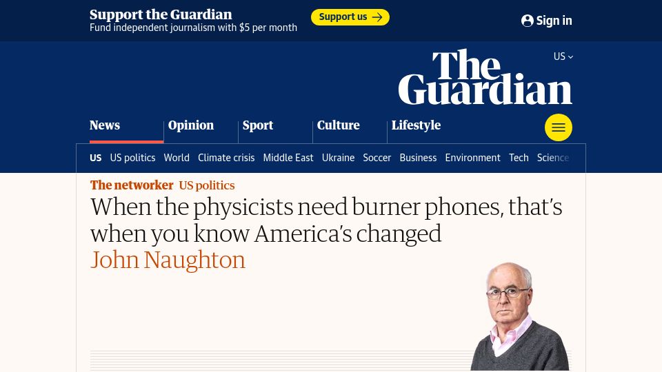 Screenshot of theguardian.com: When the physicists need burner phones, that's when you know America's changed