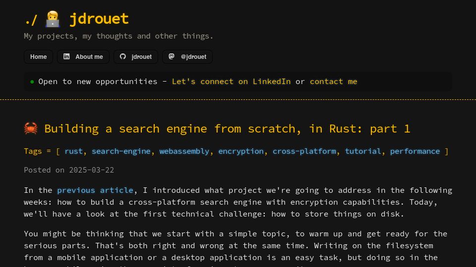 Screenshot of jdrouet.github.io: Building a search engine from scratch, in Rust: part 1