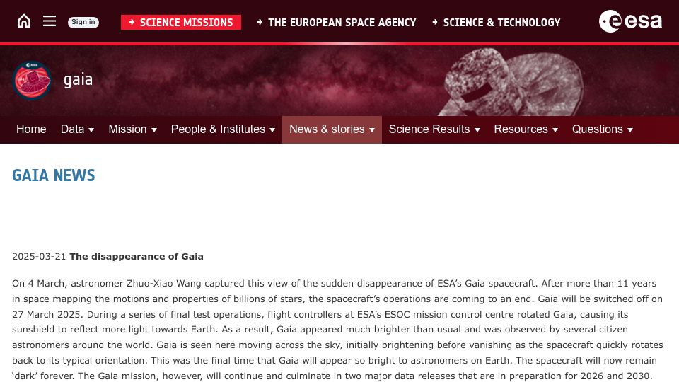 Screenshot of cosmos.esa.int: The disappearance of Gaia, ESA spacecraft will be turned off on 27 March 2025