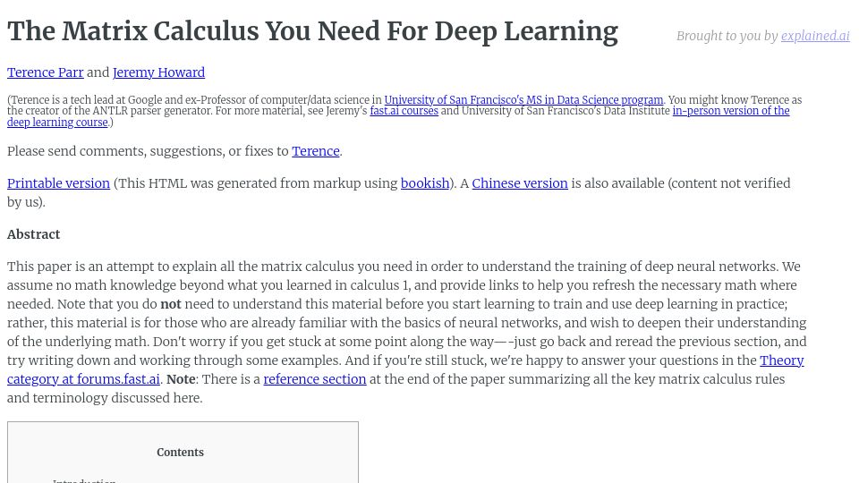 Screenshot of explained.ai: The Matrix Calculus You Need for Deep Learning