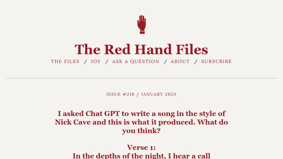 Screenshot of theredhandfiles.com: Nick Cave's thoughts on a ChatGPT poem (2023)
