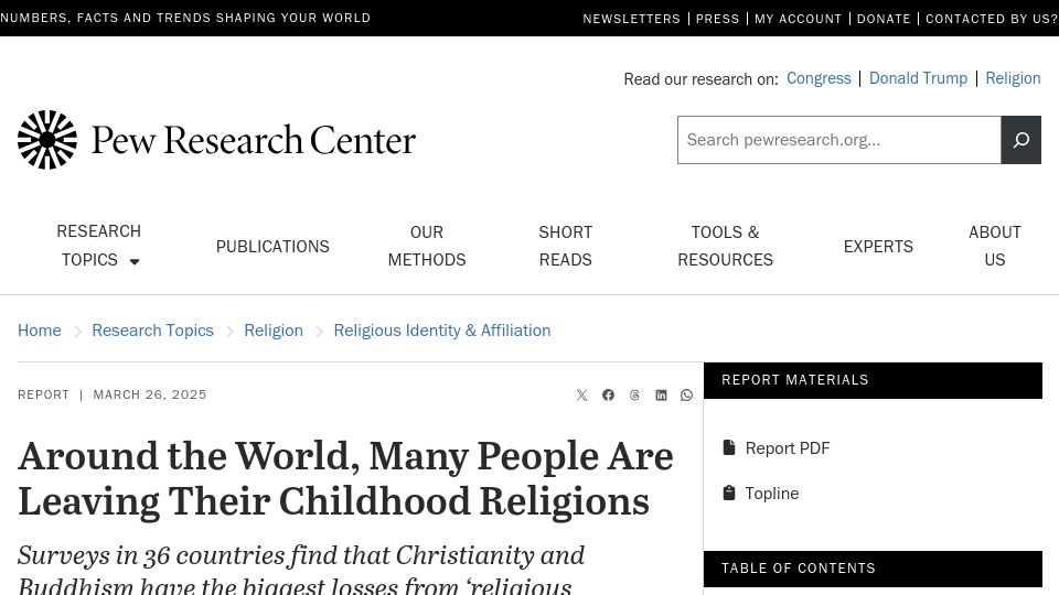 Screenshot of pewresearch.org: Around the World, Many People Are Leaving Their Childhood Religions