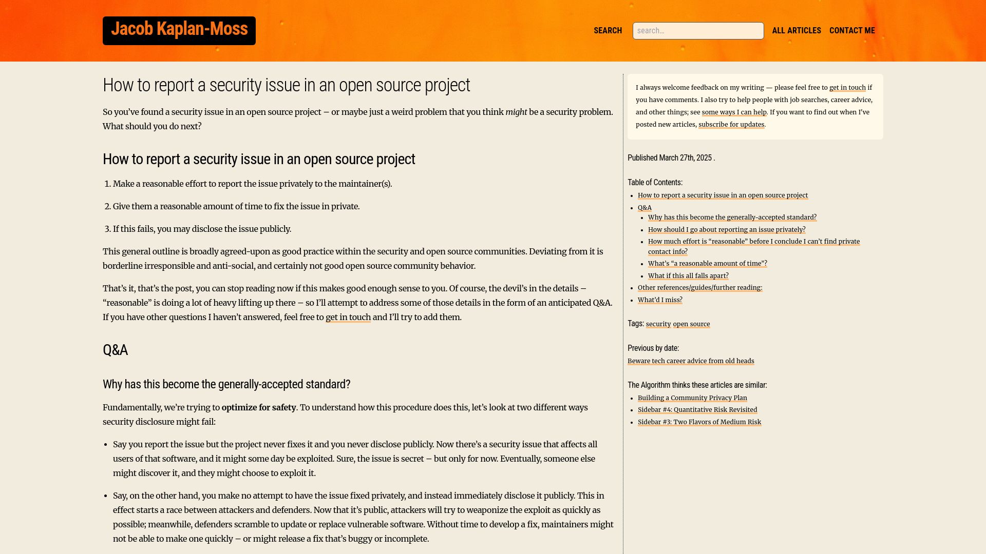 Screenshot of jacobian.org: How to report a security issue in an open source project