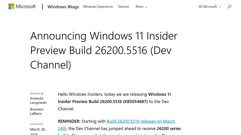 Screenshot of blogs.windows.com: Windows 11: Removing bypassnro Script to Enhance Security and User Experience
