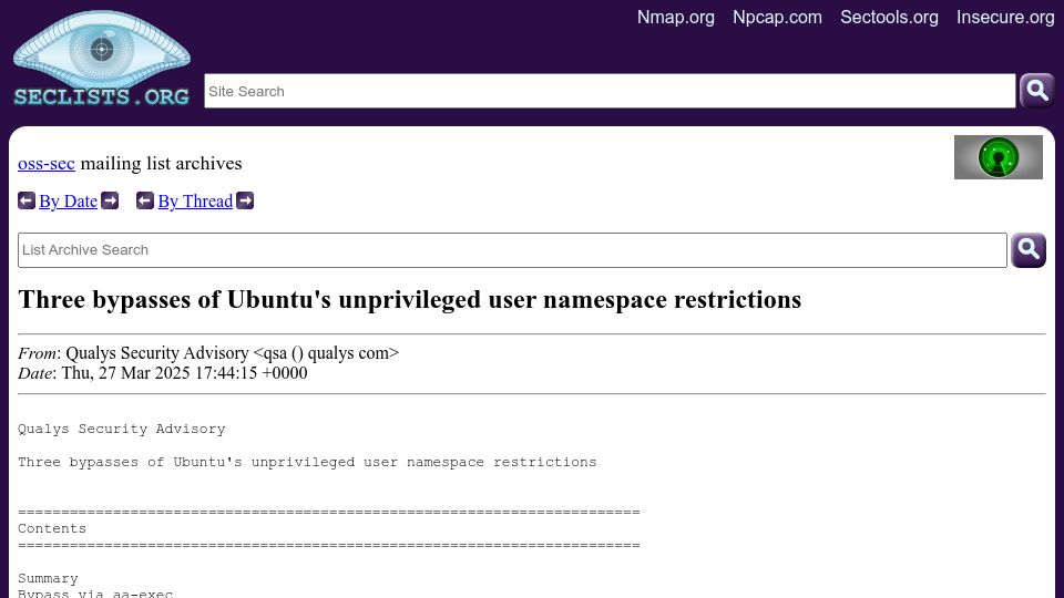 Screenshot of seclists.org: OSS-SEC: Three bypasses of Ubuntu's unprivileged user namespace restrictions