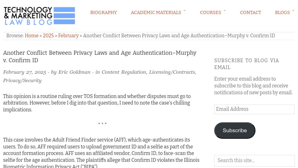 Screenshot of blog.ericgoldman.org: Another Conflict Between Privacy Laws and Age Authentication–Murphy v Confirm ID