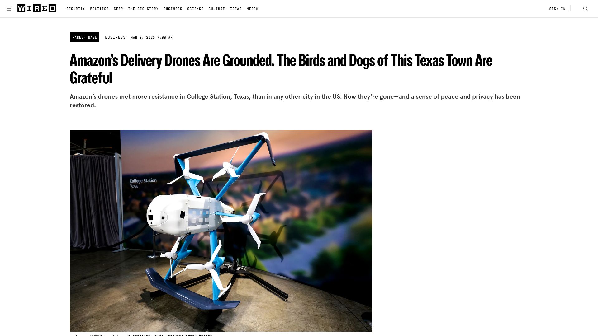 Screenshot of wired.com: Amazon’s delivery drones are grounded in College Station, Texas