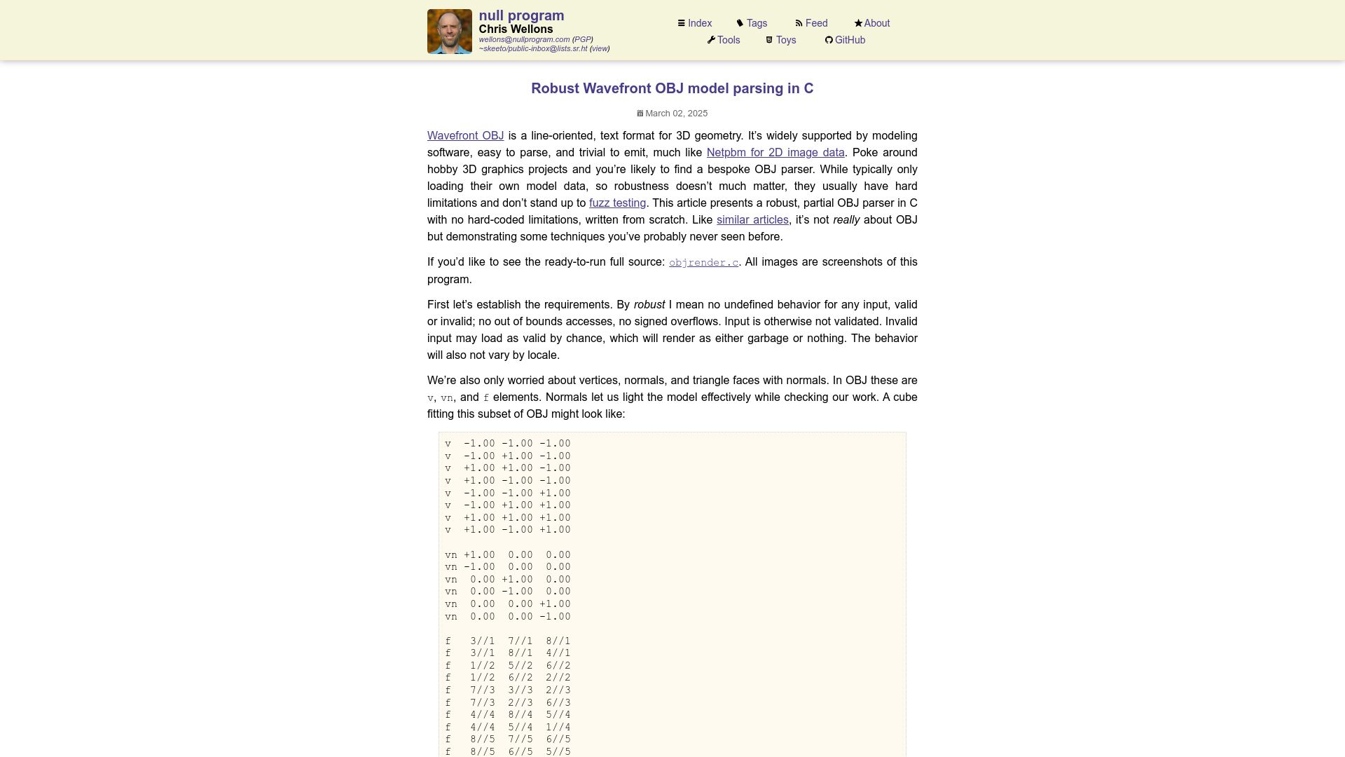 Screenshot of nullprogram.com: Robust Wavefront OBJ model parsing in C
