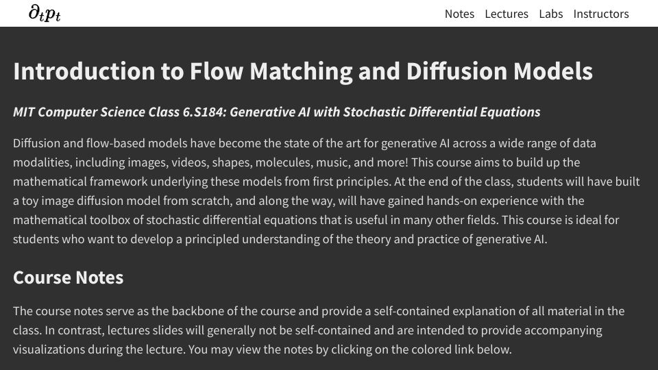 Screenshot of diffusion.csail.mit.edu: MIT 6.S184: Introduction to Flow Matching and Diffusion Models
