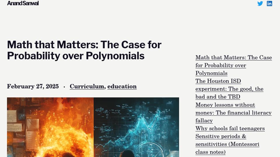 Screenshot of anandsanwal.me: Math That Matters: The Case for Probability over Polynomials