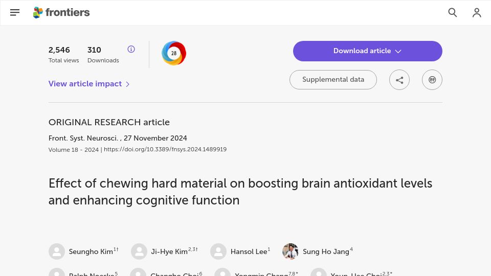 Screenshot of frontiersin.org: Effect of chewing hard material on enhancing cognitive function