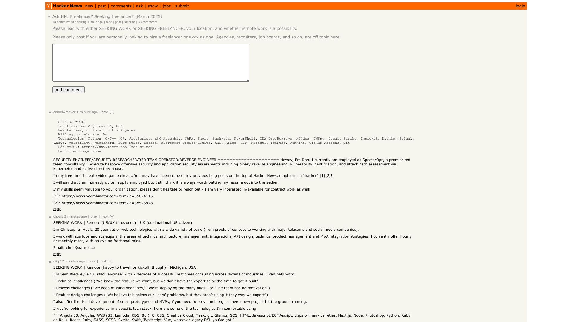 Screenshot of this Hacker News post: Ask HN: Freelancer? Seeking freelancer? (March 2025)