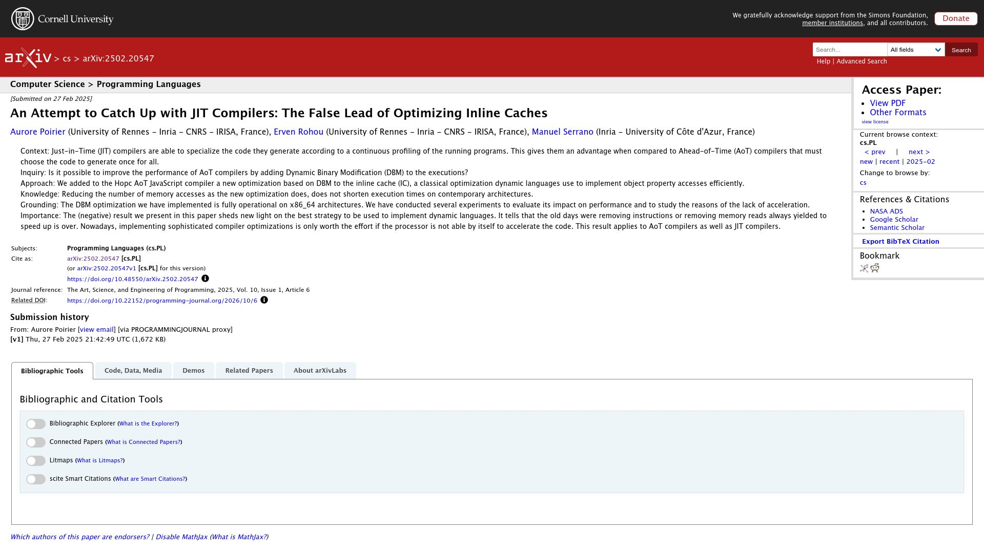Screenshot of arxiv.org: An Attempt to Catch Up with JIT Compilers